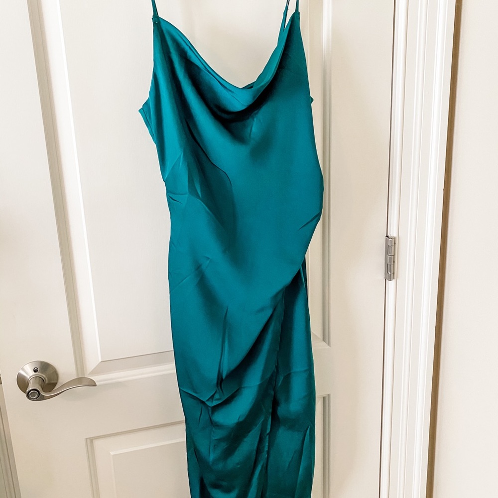 Emerald Satin Cowl Neck Dress
